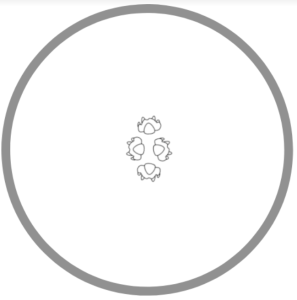 four human icons, aerial view inside a circle , close up