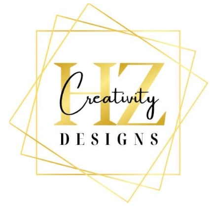 iintials HZ and words creativity designs in front of it in gold and black