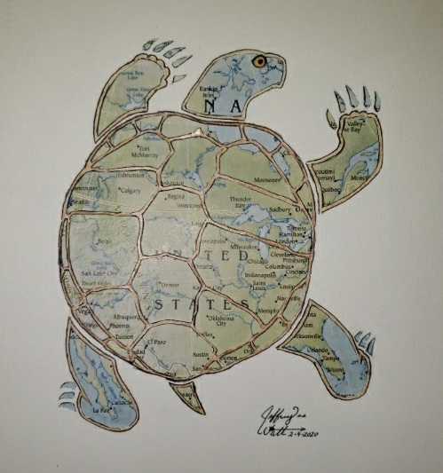Picture of turtle with north American map displayed on its back